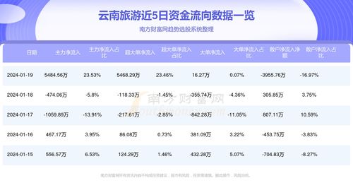 云南旅游資金流向一覽表 1月19日